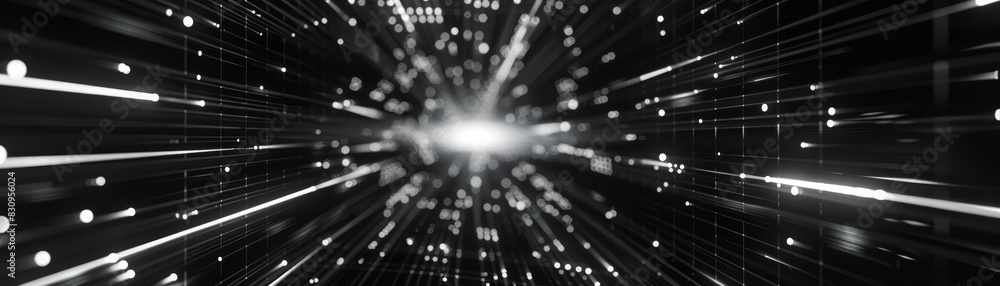 Poster abstract black and white image featuring dynamic light streaks converging towards a bright center po