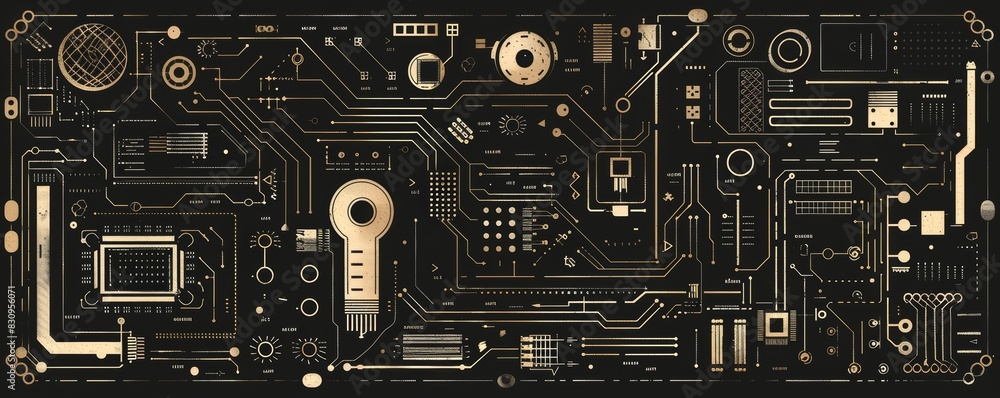 Poster abstract circuit board design with intricate electronic elements, showcasing a blend of modern techn