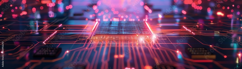 Poster abstract depiction of a high-tech circuit board with glowing lights and tracks representing connecti