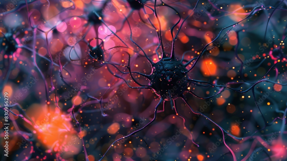 Poster abstract depiction of neural networks with vibrant colors illustrating connections and synapses in t
