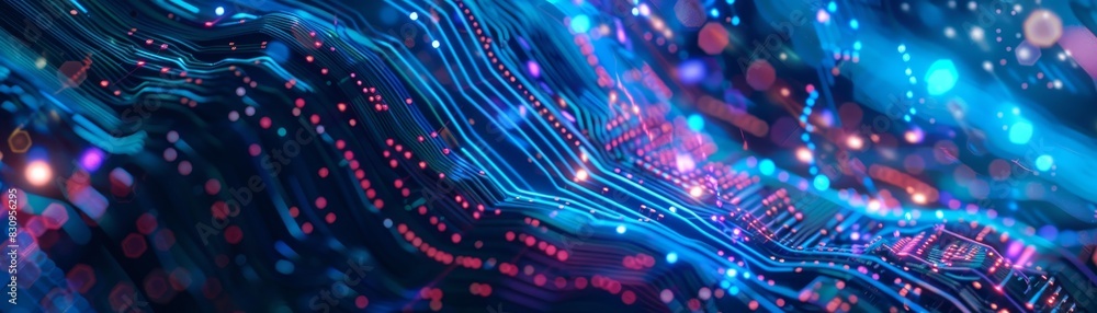 Poster abstract digital art with glowing lines and dots, depicting a futuristic technology interface in vib