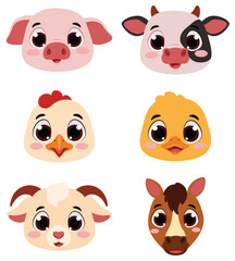 Cartoon cute farm animal faces, collection set