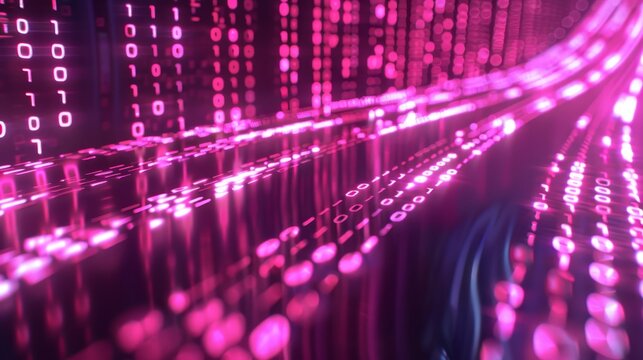 Abstract digital data flow background with pink binary code streams. Futuristic technology and information concept.