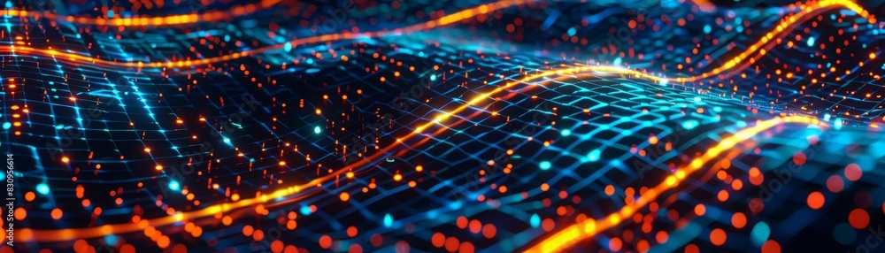 Poster abstract digital landscape with glowing dots and lines, representing data flow and technology innova