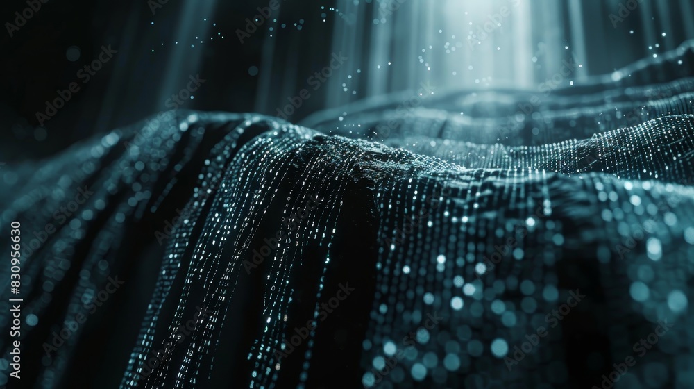 Poster abstract digital landscape with flowing particles and data points, resembling a wave of information 