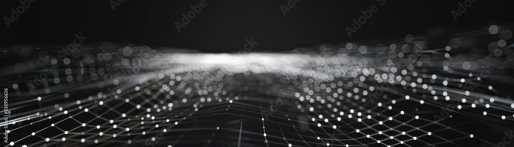 Poster abstract digital landscape with glowing dots and lines on black background. futuristic technology, d