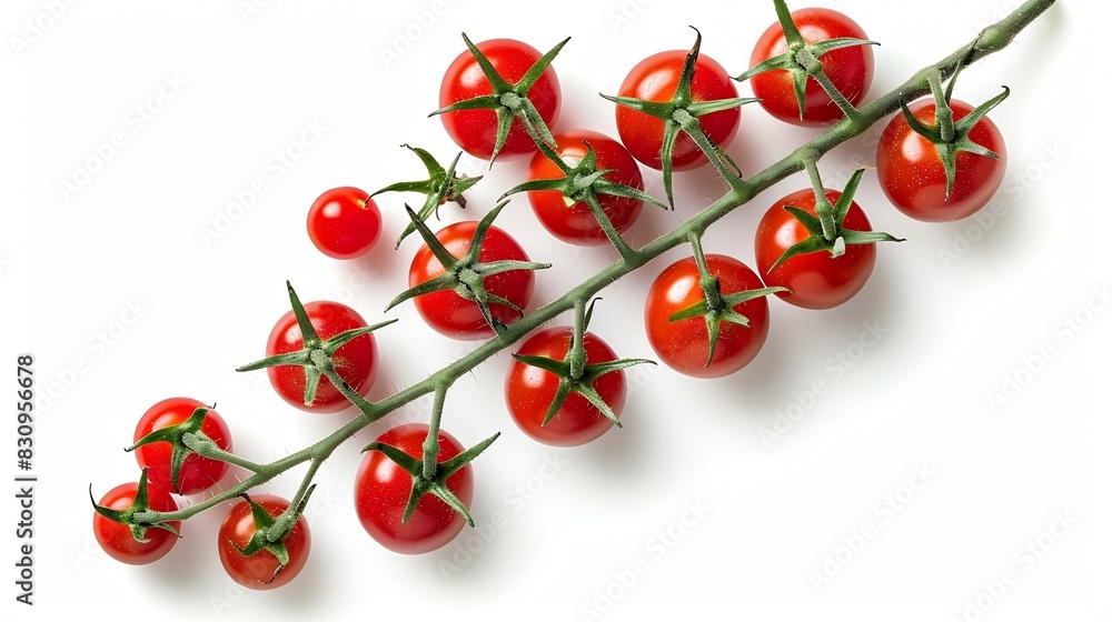 Poster branch of fresh cherry tomatoes isolated on white top view : generative ai