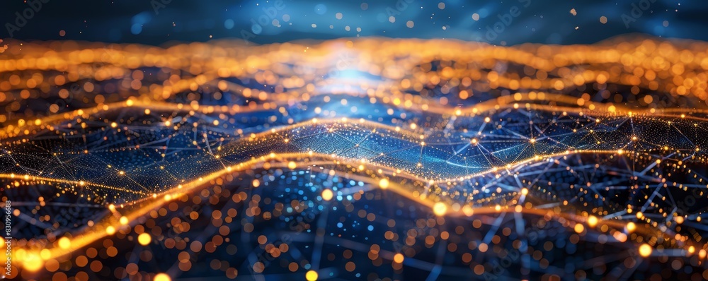 Poster abstract digital landscape with glowing lines and dots representing technology and data network. fut