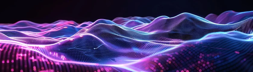 Fotobehang Pruimkleur Abstract digital landscape with neon lights, showcasing futuristic technology and vibrant colors, perfect for tech and innovation themes.  © Rattanathip