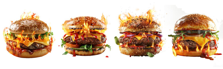 Set of Fiery Spicy Burger with Melting Cheese and Hot Sauce, Cut Out, Isolated on Transparent Background