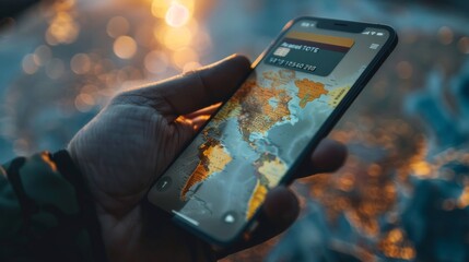 A person is holding a cell phone that has a map of the world on the screen