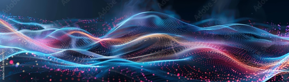 Poster abstract digital waves in blue and pink with particles. futuristic technology background with vibran