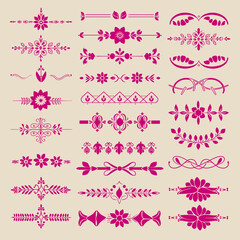 Classic Pink color ornate design elements, decorative borders, dividers, floral, geometric motif