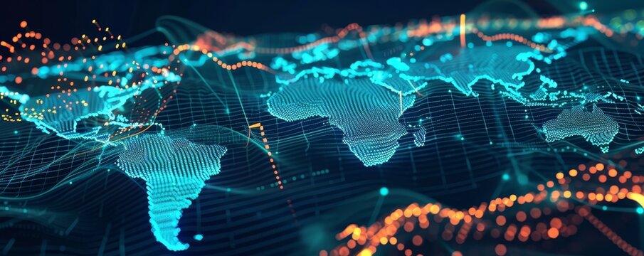 Abstract digital world map with data visualization and network connections, representing global technology and communication.