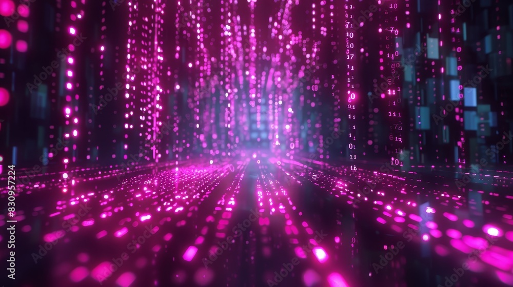 Poster abstract futuristic digital data stream with vibrant pink lights creating a virtual cyber environmen