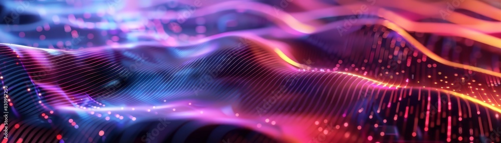 Poster abstract futuristic landscape with vibrant neon lights and wavy patterns, visualizing digital techno
