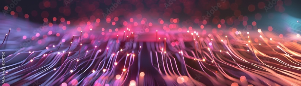 Poster abstract futuristic fiber optic light strands with colorful bokeh and vibrant hues, perfect for tech
