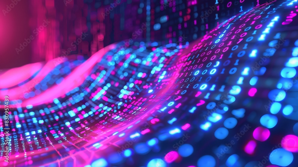 Poster abstract glowing neon lights in pink and blue, creating a dynamic wave pattern representing digital 