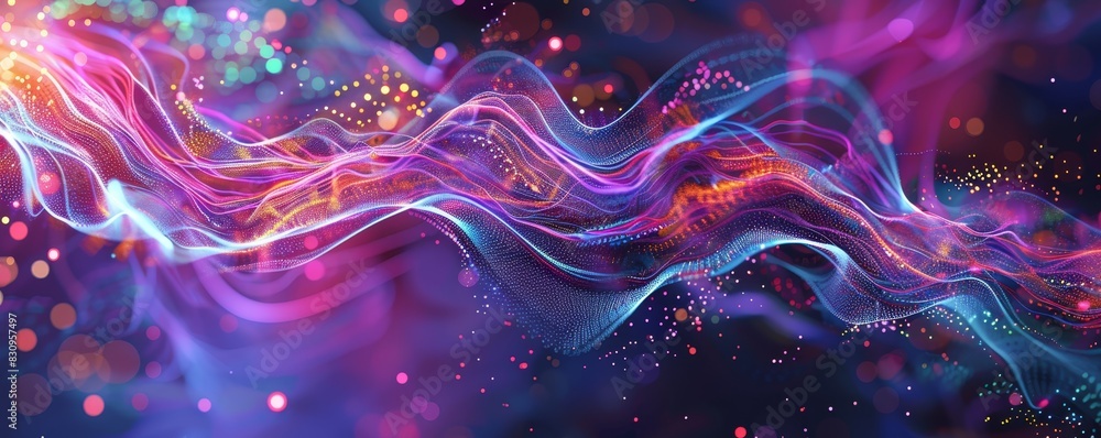 Poster abstract glowing wave with colorful particles on a dark background. vibrant and dynamic digital art 
