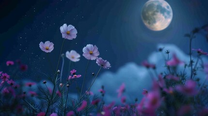 Romantic night scene  Beautiful pink flower blossom in garden with night skies and full moon cosmos flower in night : Generative AI