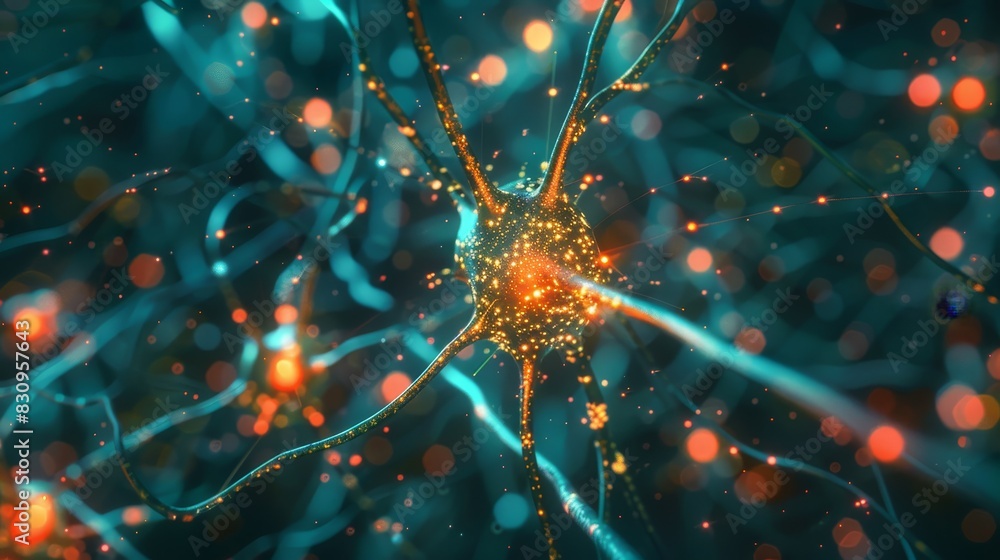 Poster abstract representation of a neural network with glowing connections, illustrating brain activity an