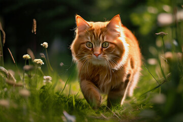 A red cat runs along a path in the grass after a beautiful butterfly on a sunny summer day.