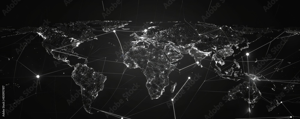 Poster black and white digital map of the world showcasing connecting lines and points symbolizing global c