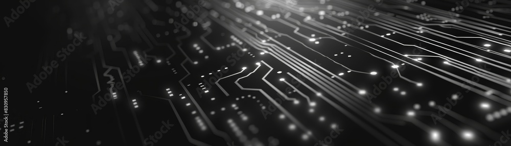 Poster black and white close-up of electronic circuit board, showcasing intricate patterns of connections a