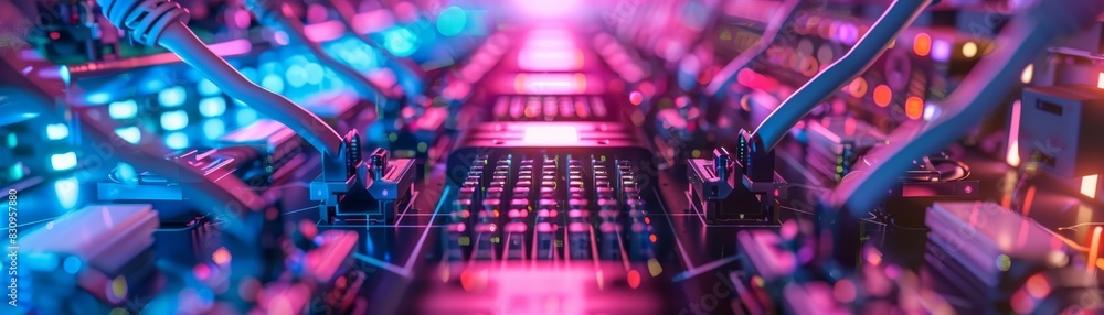 Poster brightly lit server room with colorful lights, representing modern data storage and technology. perf