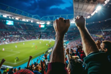 Stadium with cheering fans and raised arms.