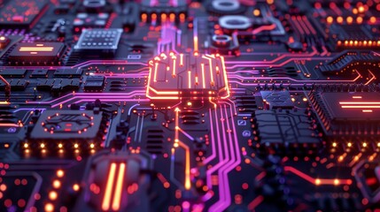 Obraz premium Close-up of a colorful neon-lit motherboard, showcasing intricate circuits and components at the heart of modern technology.