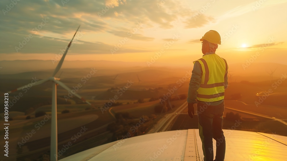 Poster happy engineer feel success after good work he standing a top of windmill and looking beautiful suns