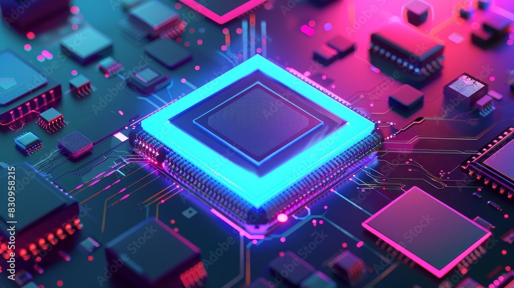 Poster close-up of a glowing circuit board with a futuristic processor, showcasing advanced technology and 