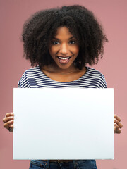 Placard, black woman and mockup in studio for advertising or branding isolated on pink background....