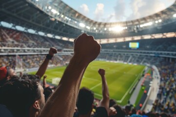 Stadium with cheering fans and raised arms.