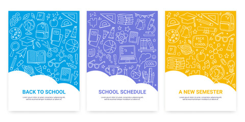 Back to school posters. Doodles with school supplies and educational elements. Hand-drawn vector illustrations for poster, or promo. 