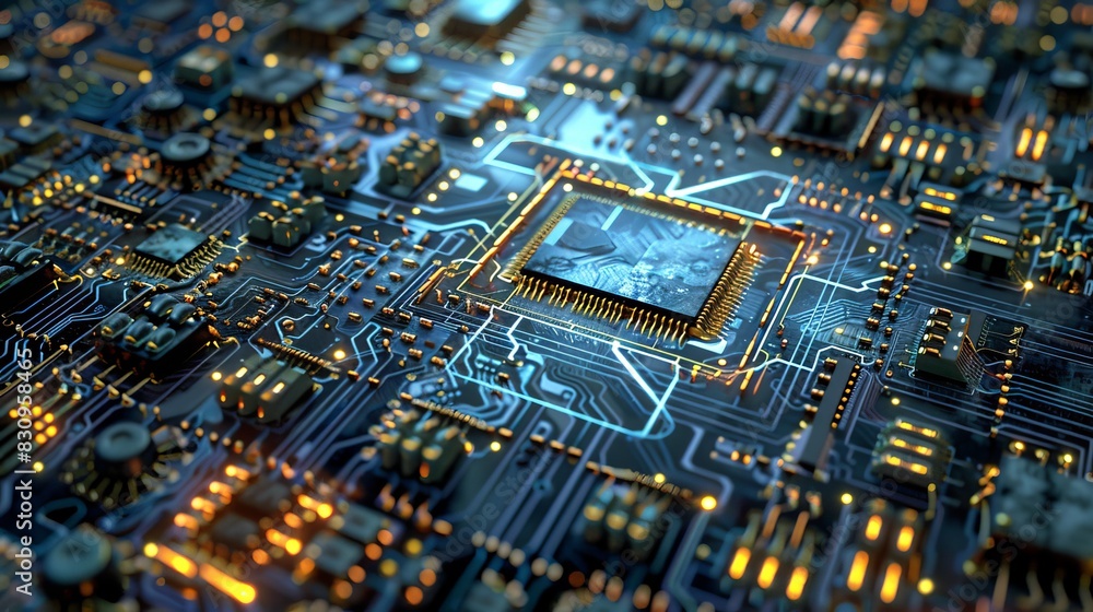 Poster close-up of an illuminated computer motherboard, showcasing intricate circuits and microchips, repre