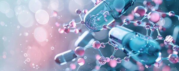 Close-up of blue capsules with abstract molecules and glowing background, representing medical science and pharmaceutical research.