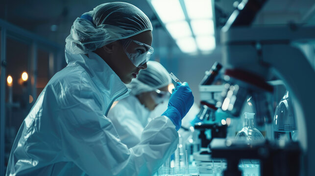 Clinical laboratory with scientists conducting innovative experiments, high-tech equipment, bright lighting. Close-up. Copy space.