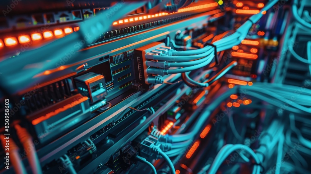 Poster close-up of server hardware with colorful network cables and glowing led lights, showcasing technolo