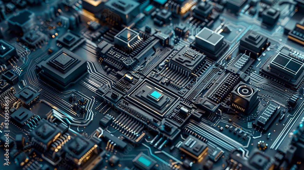 Poster close-up view of a detailed electronic circuit board, showcasing intricate components and pathways i