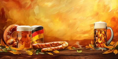 German traditional food and dishes creative background for menu and restaurant. Pretzels, Beer, sausages and bratwurst. Bavarian food menu, german flag colors, copy space design.