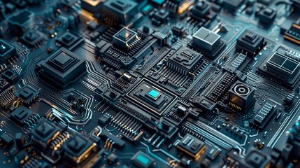 Close-up view of a detailed electronic circuit board, showcasing intricate components and pathways in modern technology.