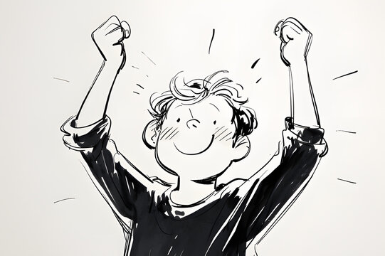 Black and white illustration of a smiling child with arms raised in celebration, conveying joy and triumph. The scene is lively and filled with positive energy.