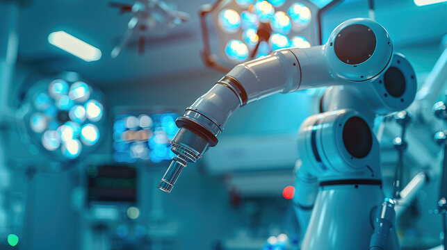 Efficiency in healthcare achieved through robotic surgery in a high-tech operating room. Close-up view highlighting high contrast and advanced medical technology.