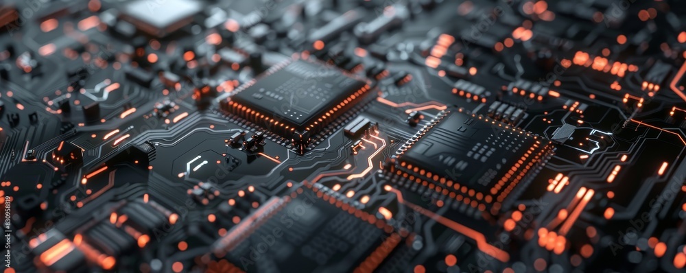 Aufkleber close-up view of electronic circuit board with glowing components, showcasing intricate technology a