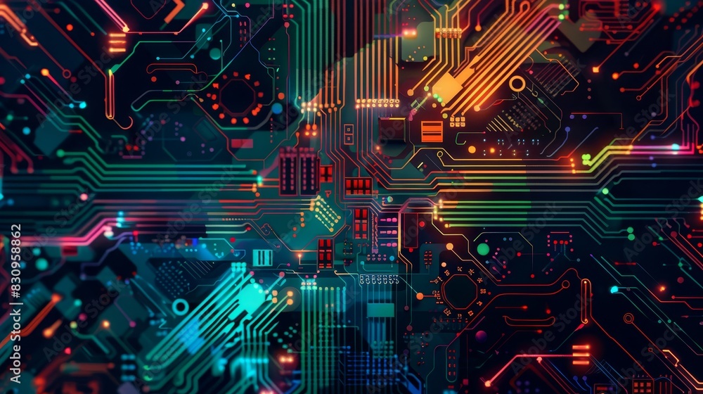 Aufkleber colorful abstract illustration of a complex electronic circuit board with intricate patterns and vib