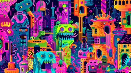 Colorful abstract art depicting a vibrant, whimsical, and surreal cityscape with eccentric buildings and creatures.
