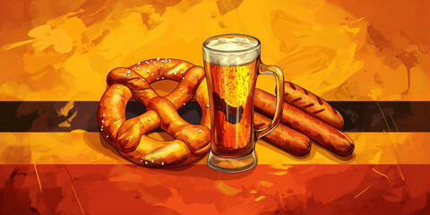 German traditional food and dishes creative background for menu and restaurant. Pretzels, Beer, sausages and bratwurst. Bavarian food menu, german flag colors, copy space design.