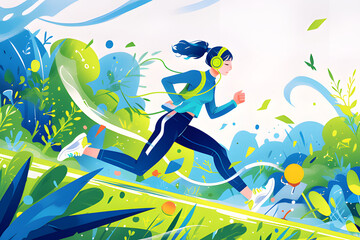 Vibrant illustration of a woman running outdoors with headphones, surrounded by lush greenery and abstract colorful elements. The scene conveys energy and a healthy lifestyle.